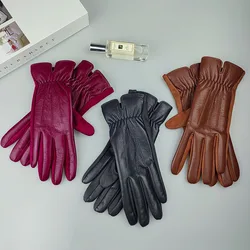 Fashion Full Finger Velvet Thicken Coldproof Touch Screen PU Leather Gloves For Sports Women's Winter Outdoor Skiing Riding Warm