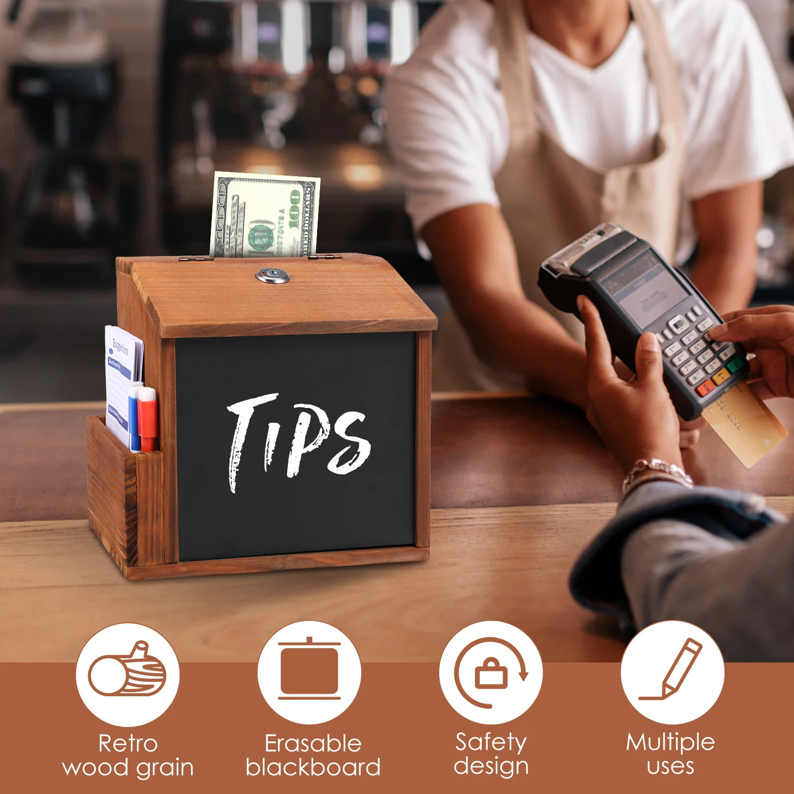 Wood Suggestion Box Wall-mounted Comment Box with Slot and 3 Erasable Pens Lockable Money Drop Box for Home Office Decoration