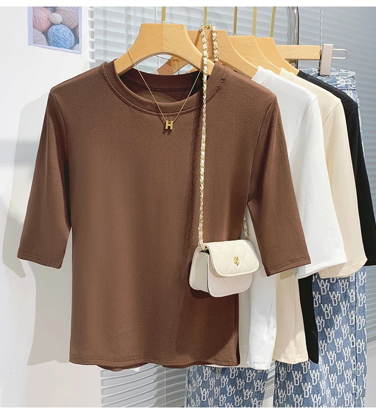 Cotton Womens Crew Neck T-Shirt - Summer Short Sleeve Basic Top