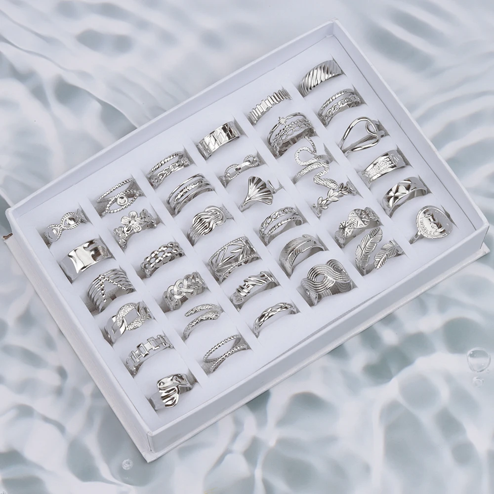 50 Pcs/Lot Fashion Vintage Simple Oil Pressure Stainless Steel Opening Ring Women Men Geometric Finger Jewelry Gift Wholesale