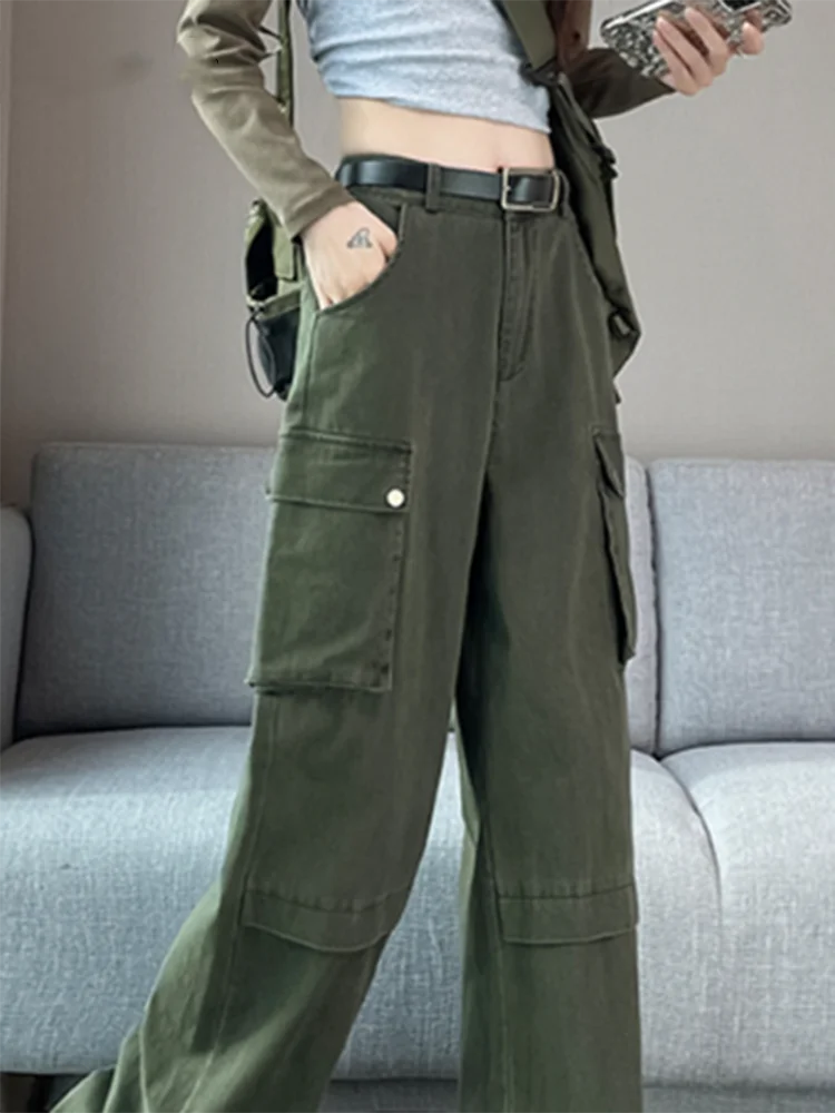 New Y2K Fashion Cargo Women Wide Leg Pants High Waist Chicly Pockets Female Pants Straight Casual Black Loose Trousers Lady