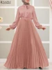 Elegant Muslim Abaya Hijab Dresses ZANZEA Women Long Sleeve Pleated Sundress IsIamic Robe Eid Mubarek Robe Dubai Vestidos Kaftan