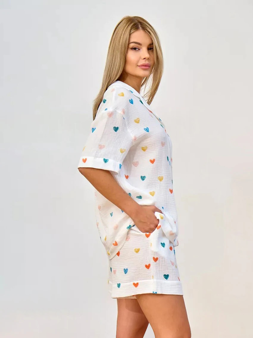 Marthaqiqi Printing Women Sleepwear Set Sexy Turn-Down Collar Pajama Short Sleeve Nightgowns Shorts Casual Ladies Nightwear Suit