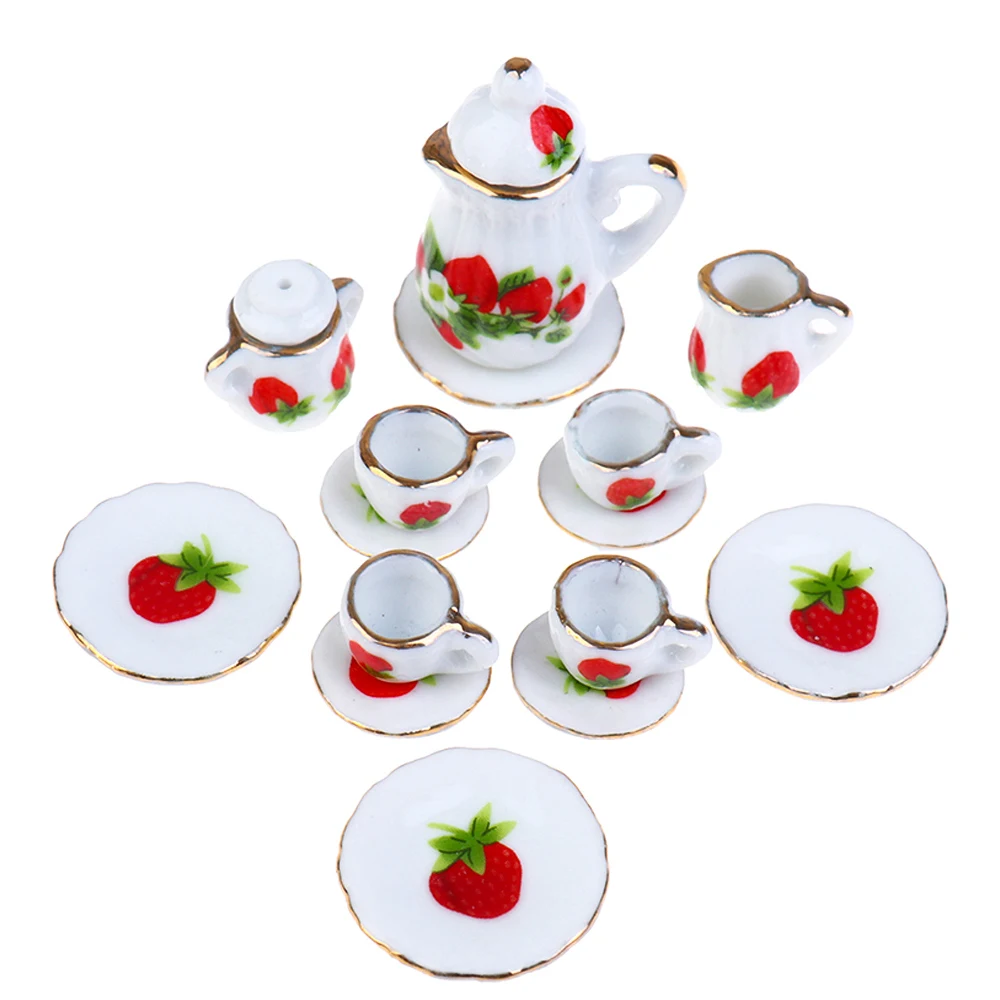 15Pcs/set Teapots Tea Game Model Miniature Dollhouse Furniture Porcelain Cups Flower Tableware Kitchen Chinese style Girls Toys 4