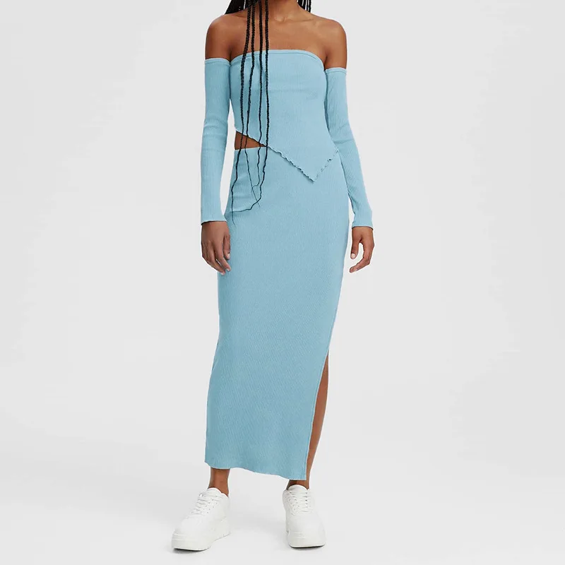 

Zabrina Autumn Women Split Knitted Suit With Skirt New Fashion Tube Tops Sleeved Long Skirts Outfits Female Elegant 2 Piece Sets