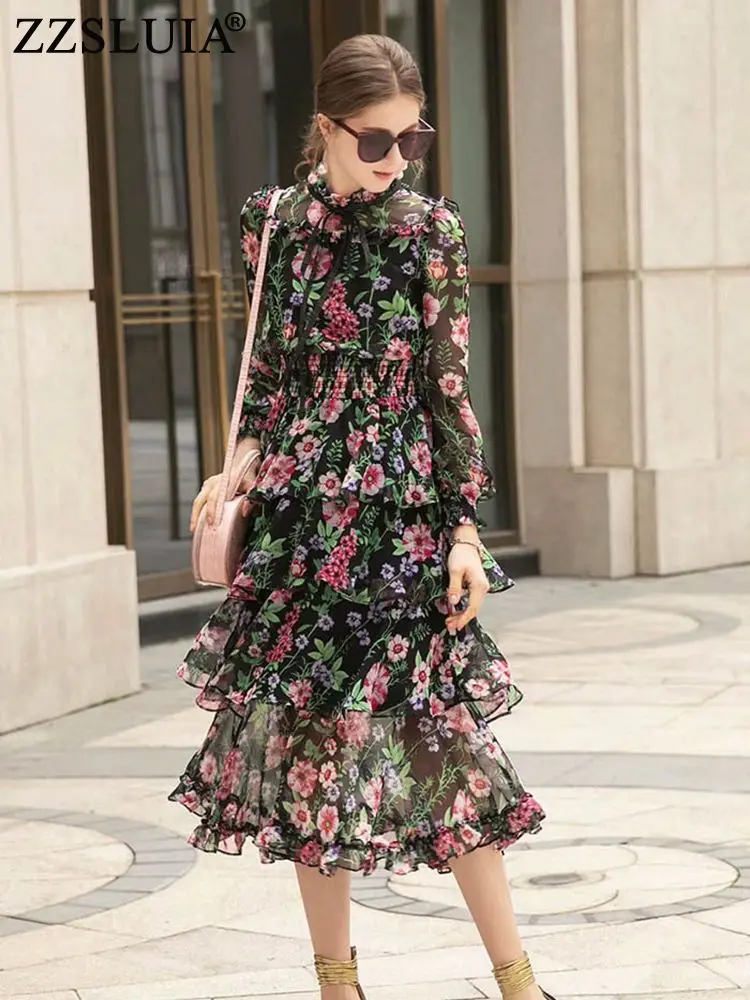 Floerns Vestido Bohemio De Manga Larga Con Volantes Y Cuello En V Para Mujer, Talla Grande, Estampado Floral, Azul Real