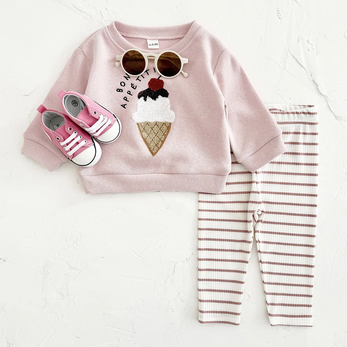 Description Picture 2 of itemIrcomll 2pcs Kids Clothing Pullover Set Baby Girl Boy Clothes Set Ice Cream Embroidery Long-Sleeved Sweatshirts+Striped Trousers