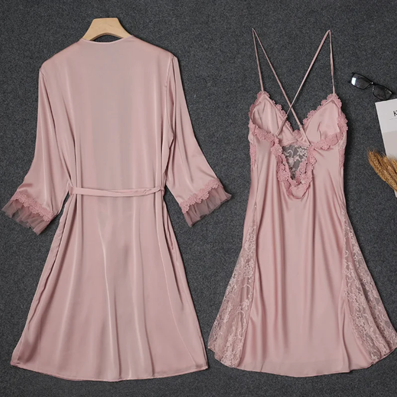 Lace Patchwork Kimono Bathrobe Set Female Sleepwear Twinset Robe Suit With Strap Nightgown Summer Perspective Nightwear Lingerie