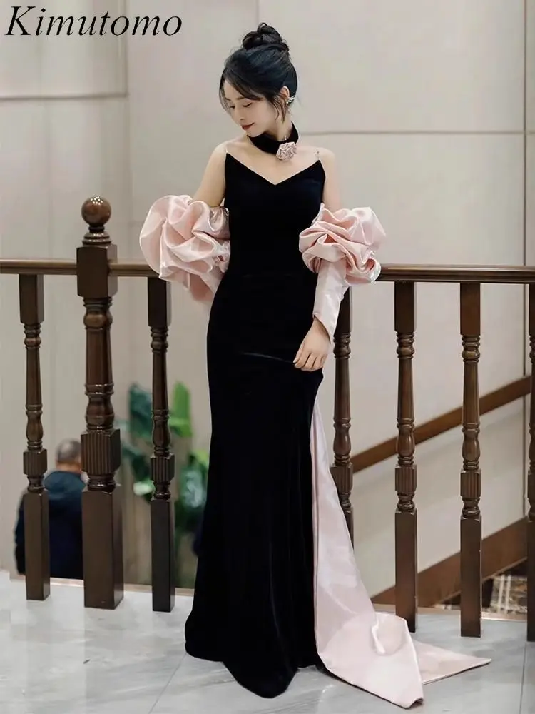 

Kimutomo Pink Satin Velvet Patchwork Evening Dresses V Neck Chic Design Fishtail Dresses Celebrity Style Luxury Vestidos Women