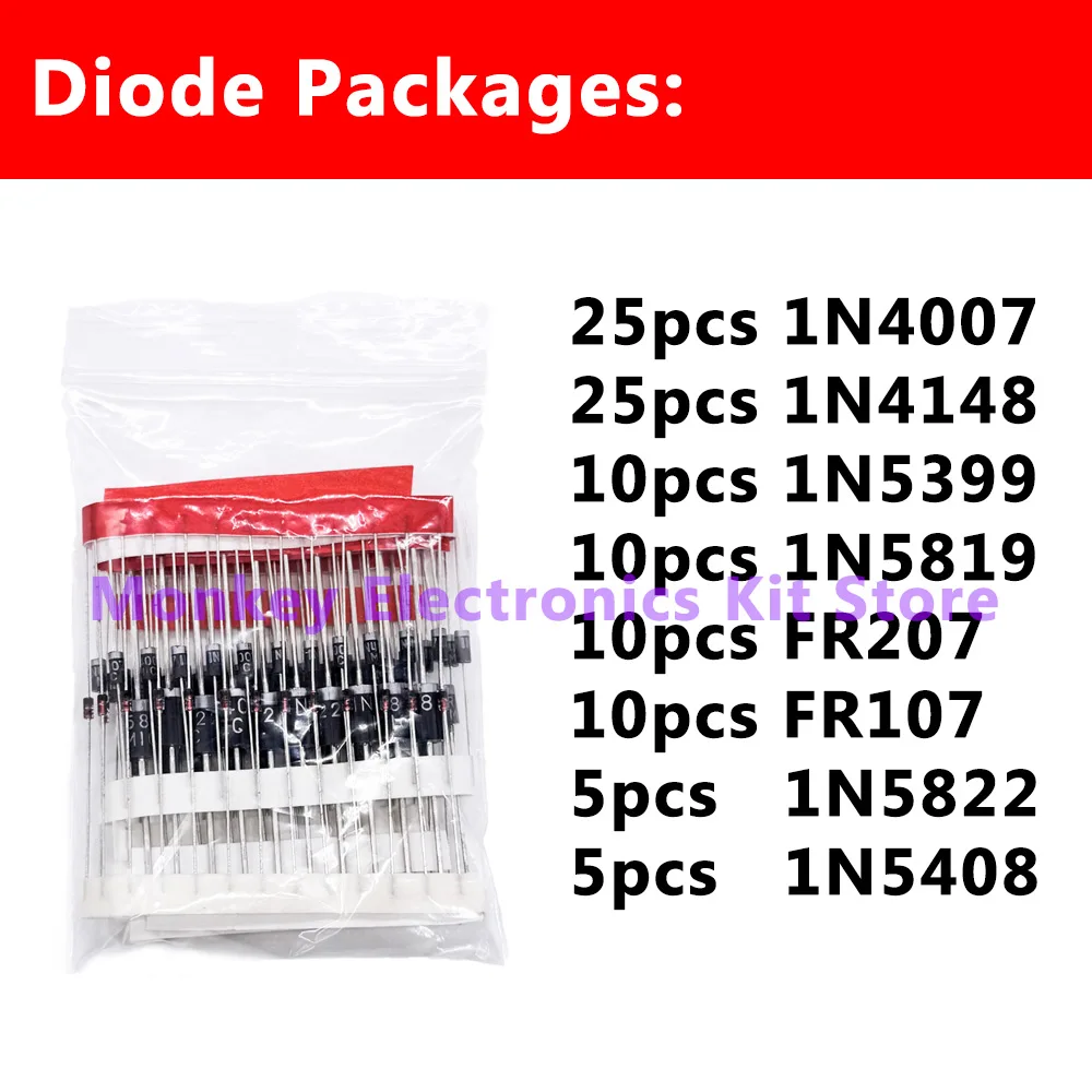 8 Values100PCS Diode Electronic Component Kit Fast Switching Schottky set 1N4148 1N4007 1N5819 1N5399 1N5408 1N5822 FR107 FR207 diode kit