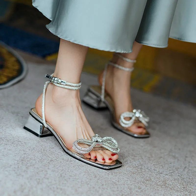 Dilalula Elegant Sweet Women Sandals Rhinestone Butterfly Knot Party Wedding Pumps 2022 Summer Ankle Strap Low Heels Shoes Woman |