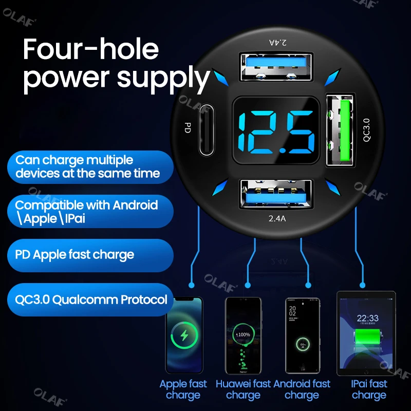 Car Charger Car Phone Charger Olaf 66W USB C Car Charger Fast Charging Quick Charge 4.0 3.0 SCP USB Car Phone Charger For Huawei Samsung iPhone 14 12 Pro