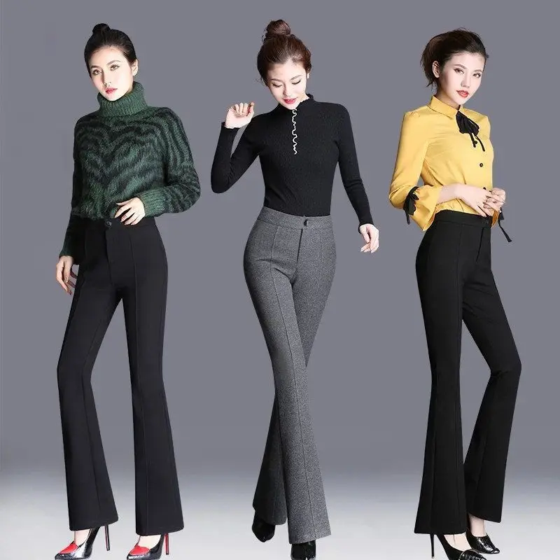 

Office Lady Pinstripe Woolen Flare Pants Mom Vintage Thick Fall Winter Trousers Women High Waist Formal Work Pantalones Q444