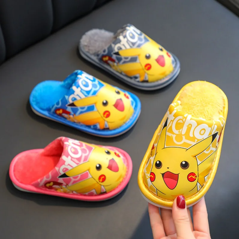 

Pokemon Pikachu Kawaii Cartoon Kids Winter Waterproof Fluffy Cotton Shoes Girls Boy Anime Plush Floor Indoor Slippers Kids Gifts