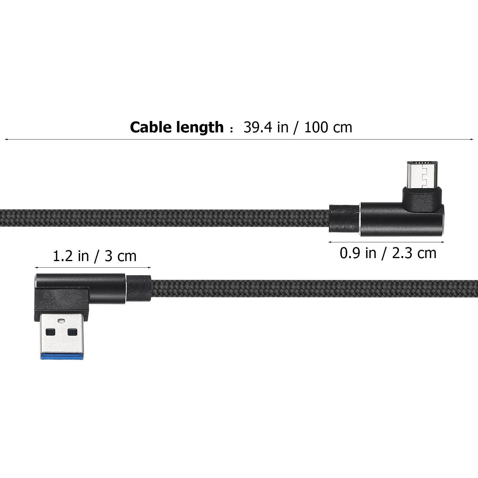 1M 마이크로 USB 충전 케이블 땋은 형태의 엉킴 없는 직각 90도 고속 충전 동기화 코드 (유니버설 폰용) 블랙
