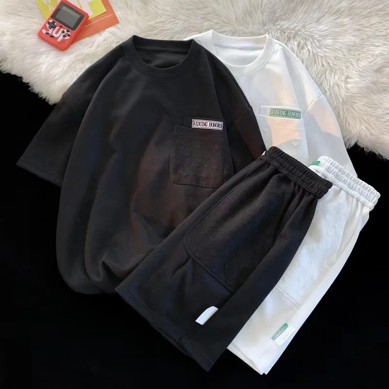 2024 Summer New Men's Hong Kong Style Leisure Fashion Set Thin Loose Breathable Short Sleeve Shorts Sports Set Two Piece Set 3