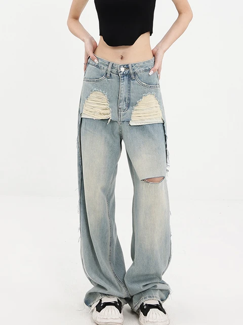 mais Calça jeans reta cintura alta rasgado em 2023