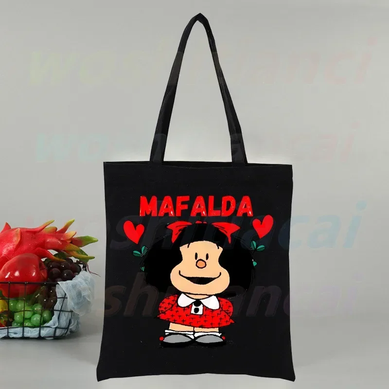Mafalda Anime Cartoon Comic Ladies Black Handbags Canvas Tote Bag Shopping Travel Women Reusable Shoulder Bags bolsas de tela drawstring burlap jute bags 50pcs 13x18cm gift bags for jewelry bolsas de regalo joyero organizador can custom logo