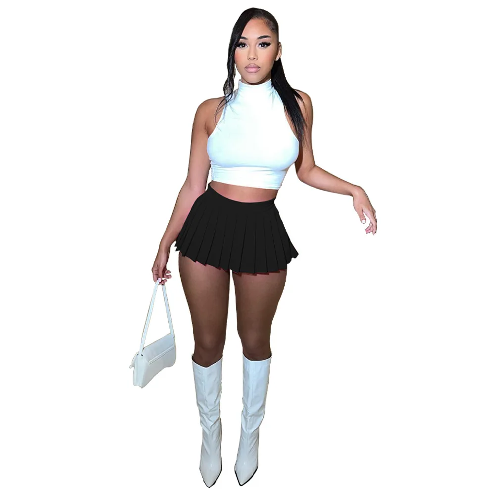 

Hot Sale Solid Turtleneck Sleeveless Sports Gym T Shirt Tops Pleated Skirts 2 Pcs Set Sexy Slim Summer Fashion Outfit Streetwear