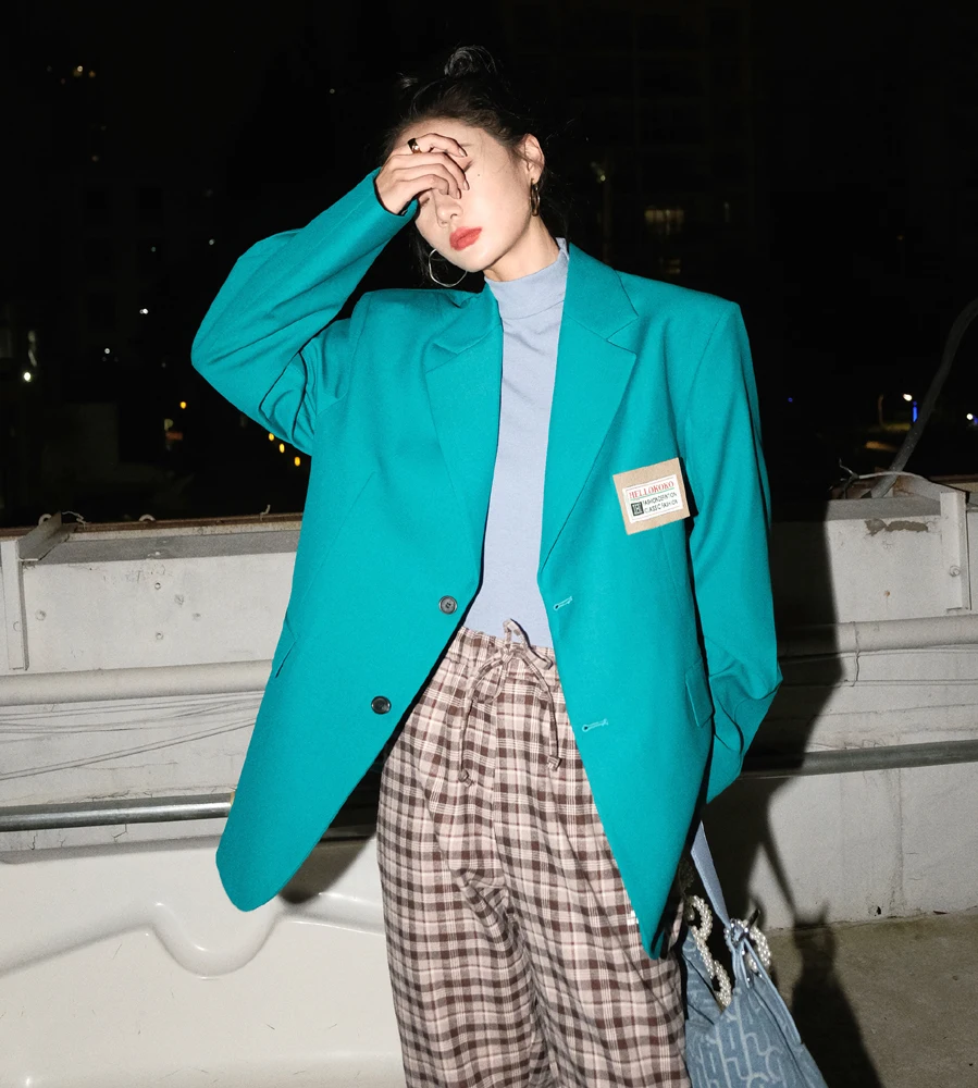 Spring Autumn Suit Coat Female Blue green patch design blazer High Street Suit Y2K Retro Hong Kong Style Versatile Quality Suit