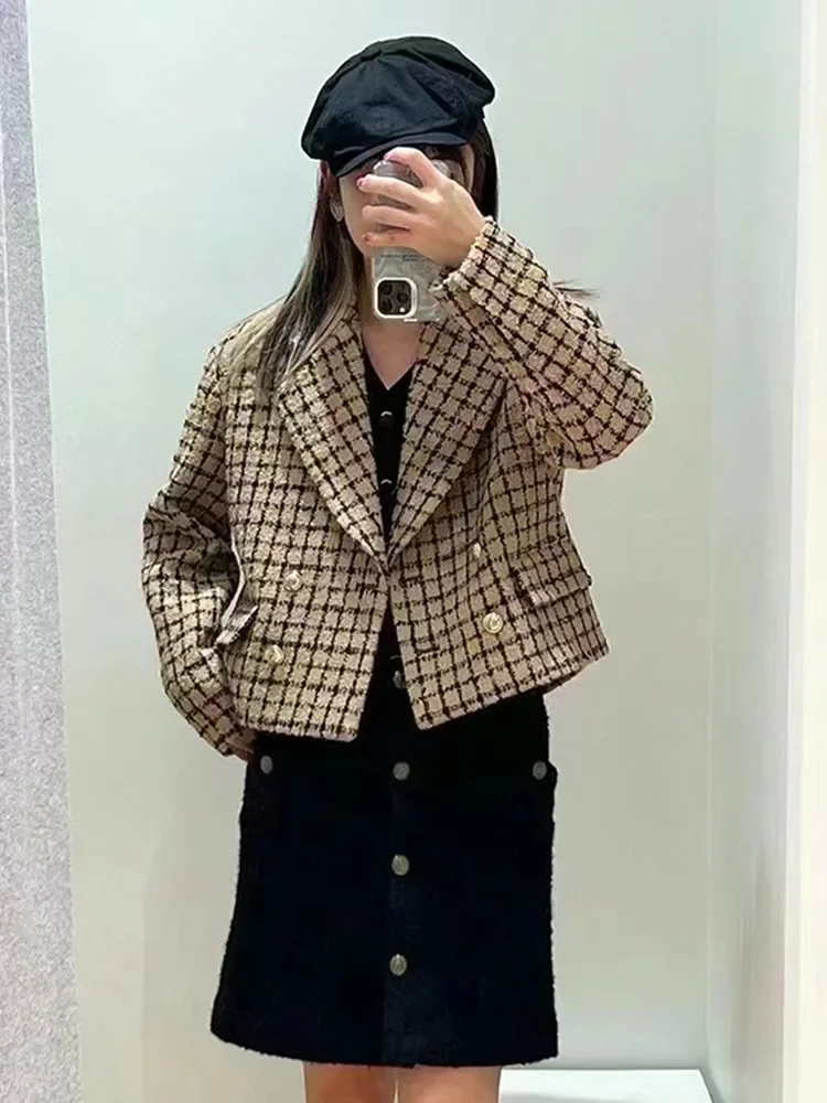 

Women Tweed Jacket Plaid Double Breasted Long Sleeve V-Neck Vintage Coat