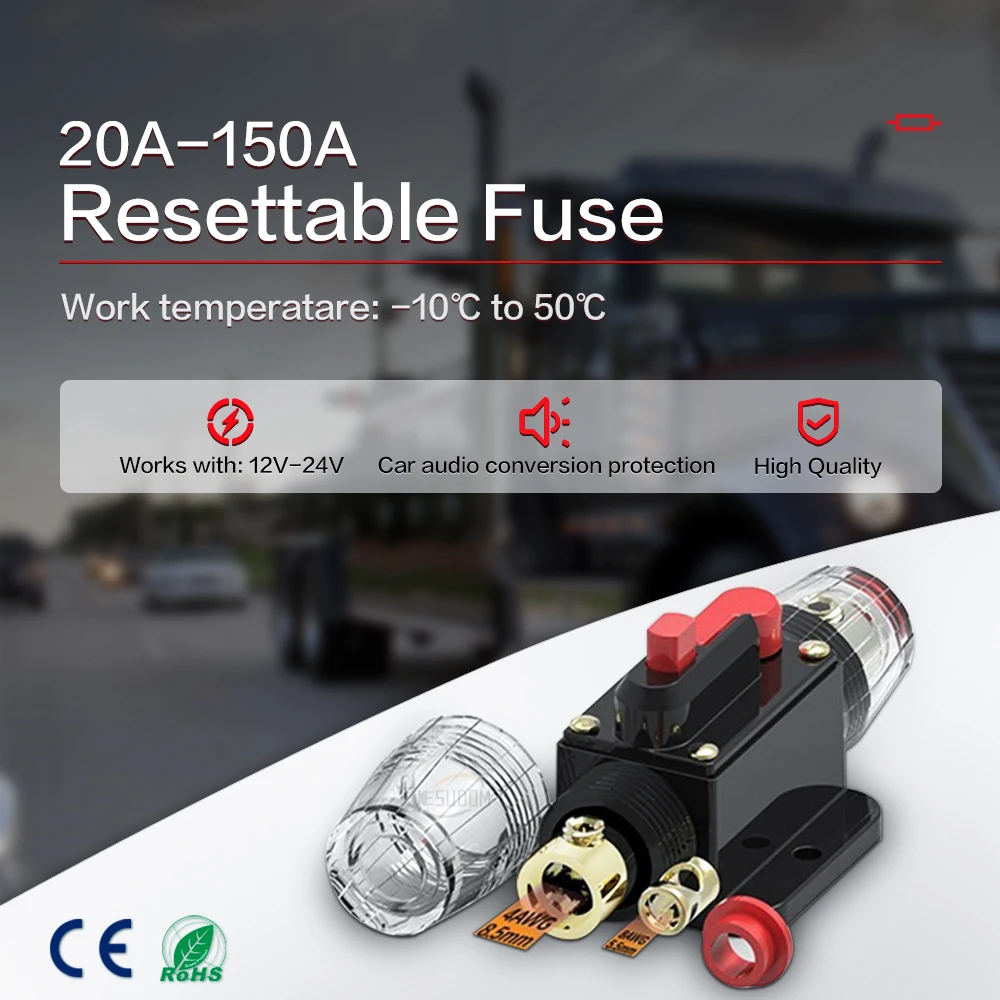 20A 30A 40A 50A 60A 80A 100A Car Truck Audio Resettable Fuse Circuit Breaker 12V 24V DC with Manual Reset Waterproof Car Boat