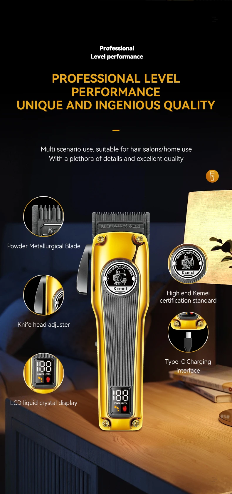 Description Picture 6 of itemKEMEI Professional Man Hair Trimmer , Cordless Electric USB Charging LCD Display Barber Hair Cutting Machine KM-1825