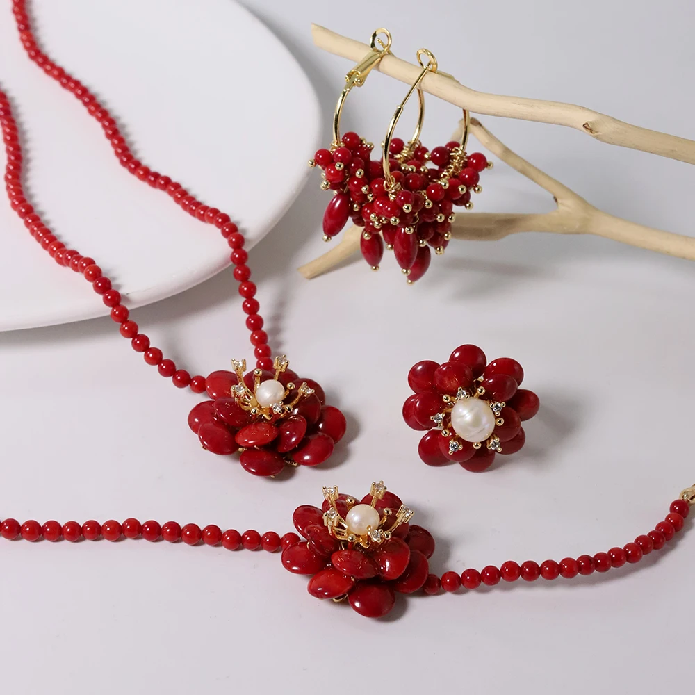 GLSEEVO Red Coral Natural Pearls Fashion Accessories Set Fine