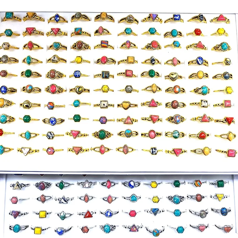 50pcs/Lot Vintage Rings For Women Antique Golden Silver Plated Bohemia Stone Ring Party Gift Fashion Accessories Wholesale Lot