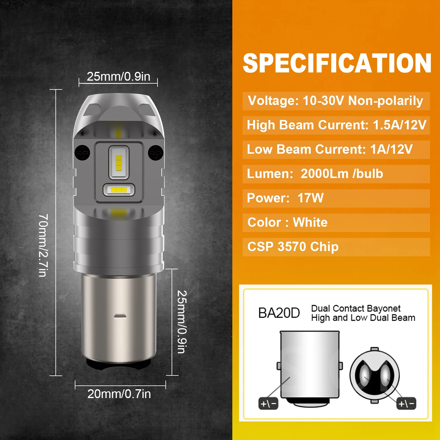 BA20D LED Motorcycle Headlight Hi/Lo Beam Conversion Kit for Motorbike ATV UTV 3000LM 12V 24V 6000K