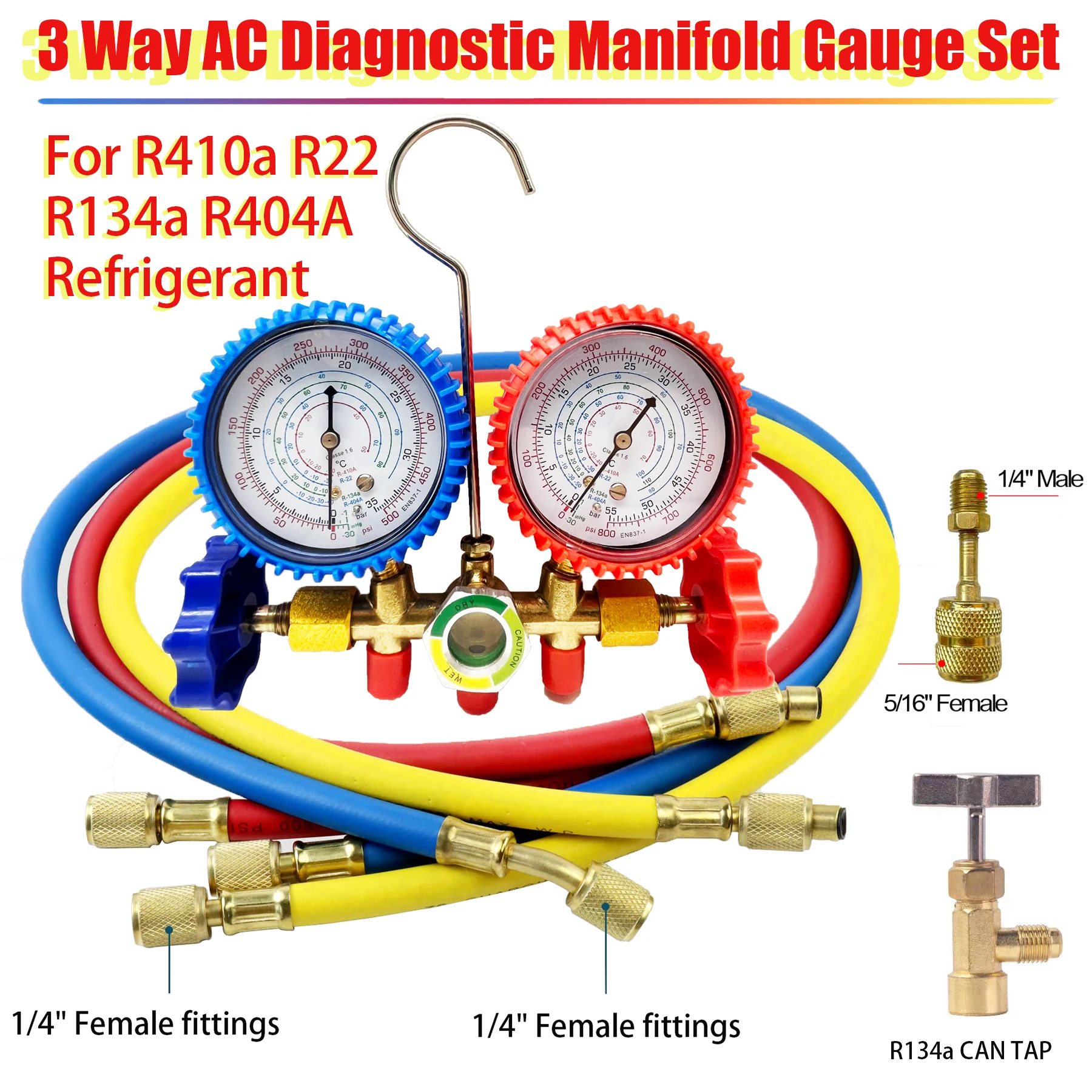3 Way AC Manifold Gauge Set With Hoses Couplers Adapter Refrigerant 