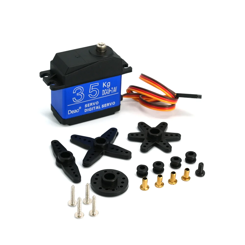 Servomoteur RC pour bras mécanique, angle de vue latéral détaillant les fixations et le câblage.