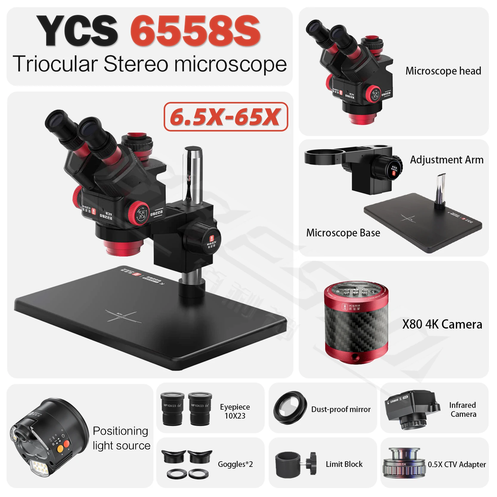 YCS 6558X 6558S Trinocular Microscope with Large Base 6.5-58 Zoom