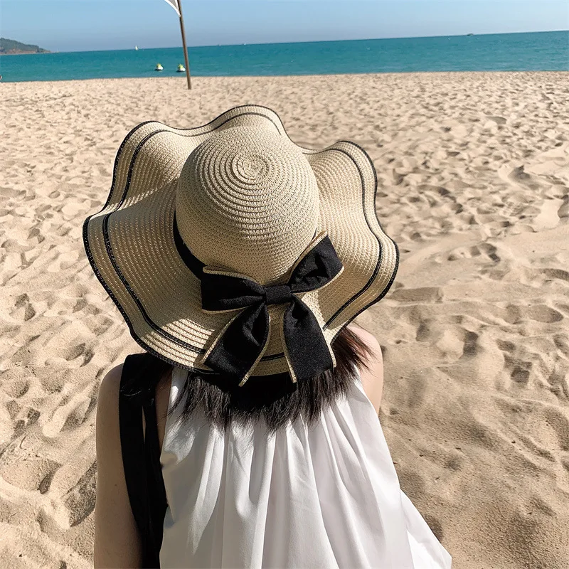 Breite Krempe Floppy Beach Bowknot Panama Lady Casual Sonnenhüte für Frauen Strohhut_voghion.com
