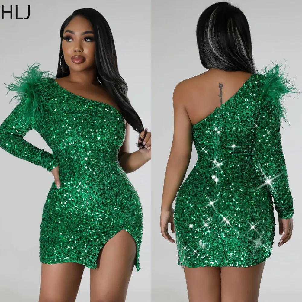 

HLJ Fashion Sequined Party Club Prom Dresses Sexy One Shoulder Slit Mini Dress Lady Feather Patchwork Bodycon Nightclub Vestidos