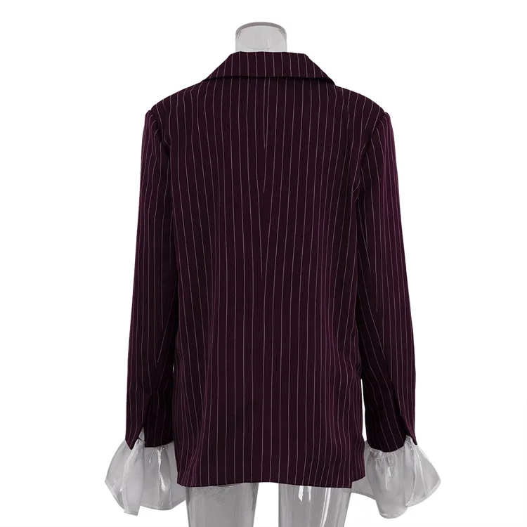 Lace Striped Suit Outwear For Women Patchwork Long Sleeve Lapel Fashion Commute Pocket Coat Ruffled Female Loose Blazer