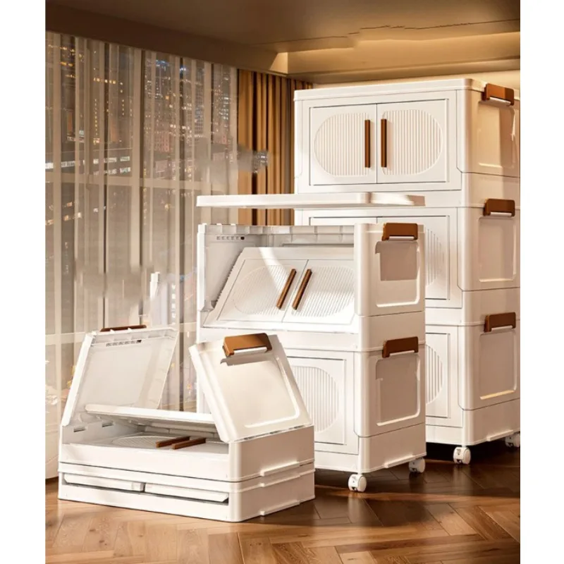 Household Folding Stackable Storage Boxes with Doors and Wheels Large Capacity Plastic Wardrobe Bins Collapsible Cabinet Box