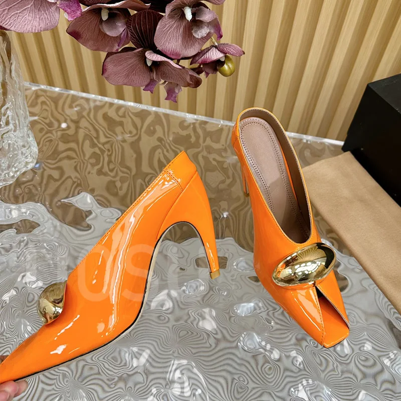 Designer Women's High Heels Luxury Metal Accessories Patent Leather Fine Heel Ladies Shoes Fashion Show Square Toe Dress Shoes