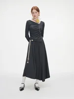 FSLE Women Autumn Knitted Elegant Set Dark Grey Blouse Skirt Asymmetric Design Thin Pullover Long Sleeve Top Long Knit Skirt - Image 3