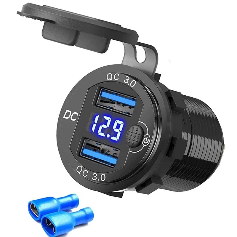 자동차 전자기기  차량용 듀얼 포트 USB 충전기, LED 디지털 전압계 디스플레이 스위치, 차량 보트 모터용, QC3.0 소켓 고속 충전 