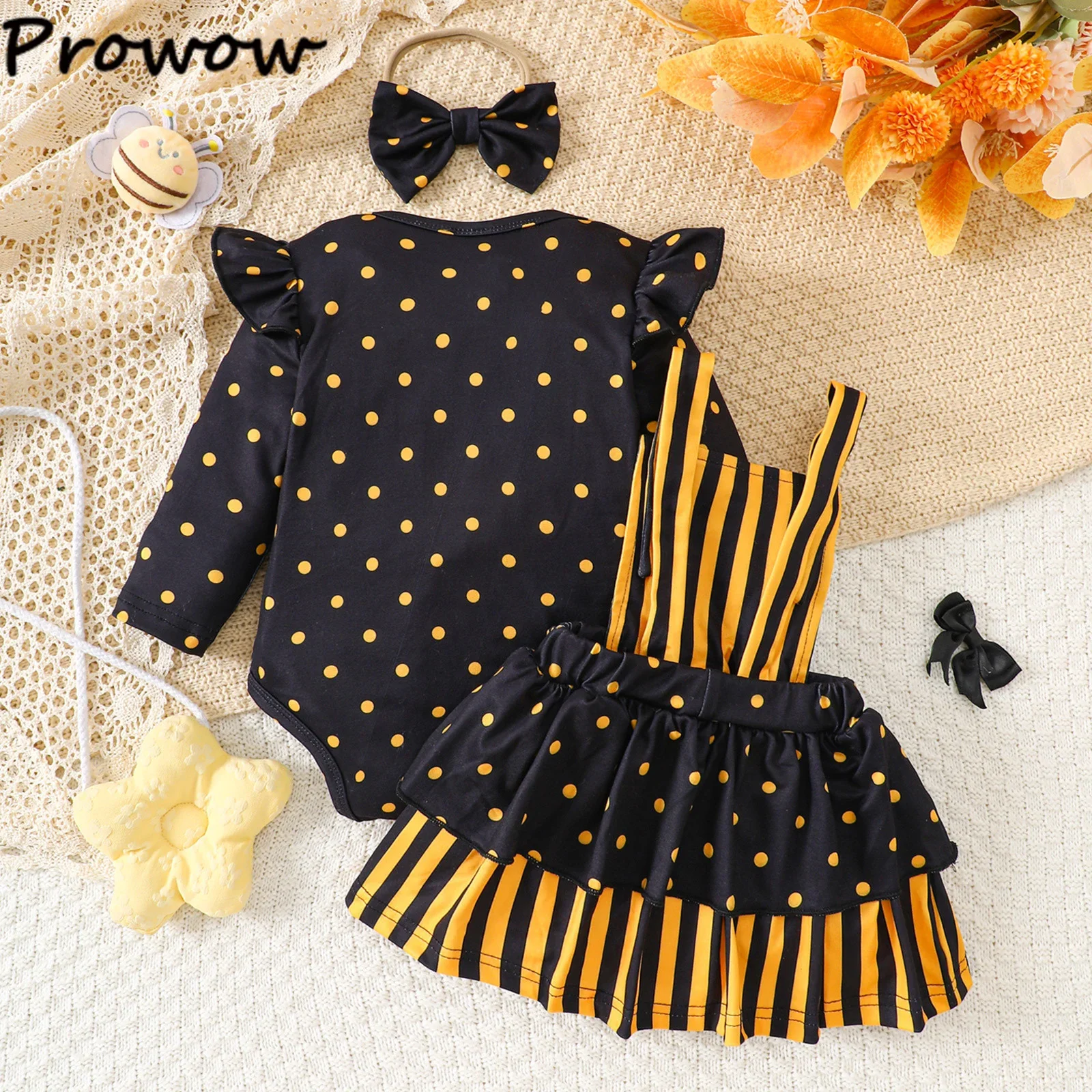  소녀 노란색 꿀벌 의상 세트 노란색 줄무늬 바디 슈트와 꿀벌 메쉬 서스펜더 드레스 + 머리 장식 를위한 3 피스 세트