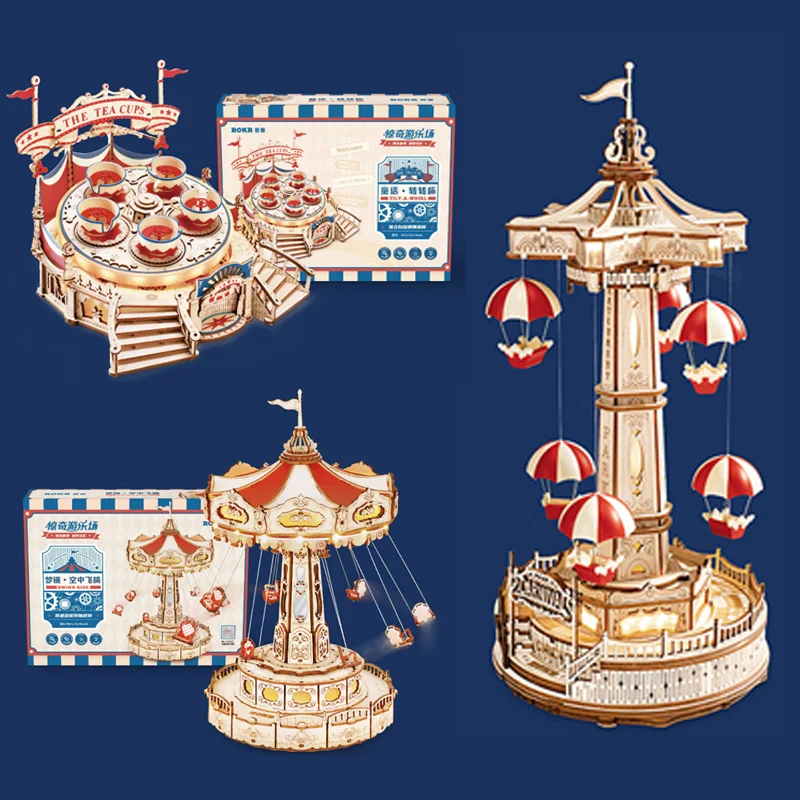 Teacup Amusement Park Parachute Flying Chair Series Building Toys Birthday Xmas Gift for Kids Children 3D Wooden Puzzle 2023 New xiaomi building blocks aquila reconnaissance aircraft jupiter dawn series sci fi kids puzzle toy