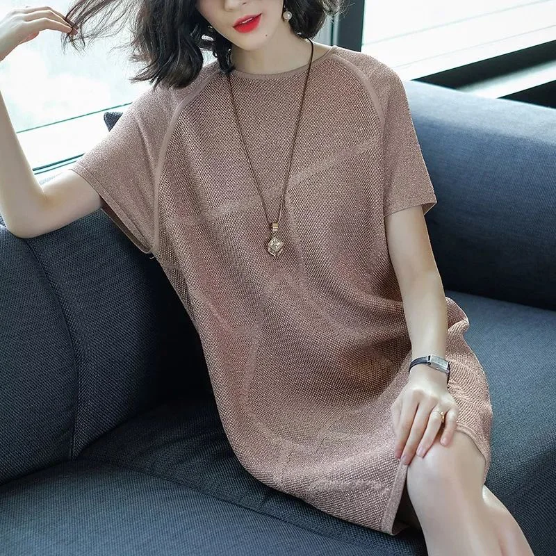 

Fashion O-Neck Knitted Loose Bright Silk Mini Dress Women's Clothing 2023 Summer New Oversized Solid Color Casual Dresses