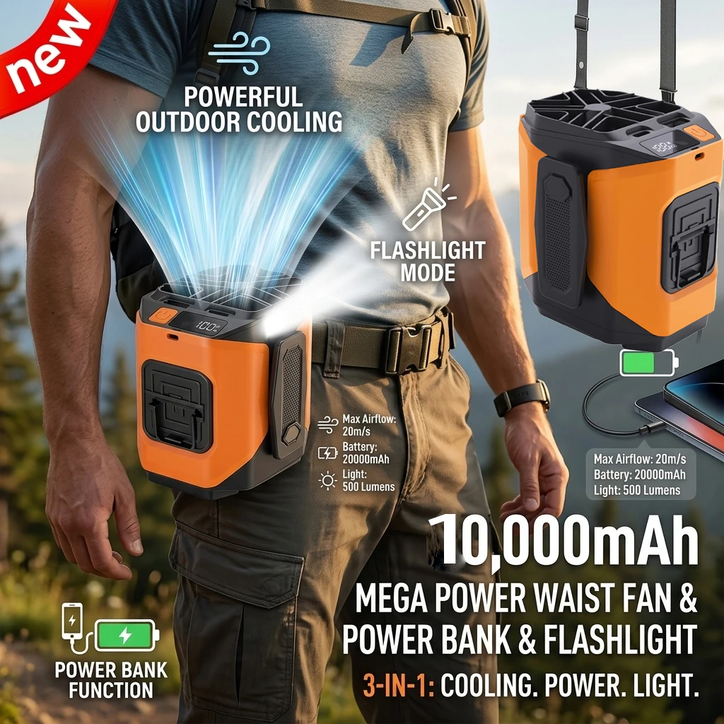 4000mAh 허리 팬 휴대용 핸드헬드 교수형 목 팬 야외 작업을 위한 전화 충전 LED 조명이 있는 초강력 바람