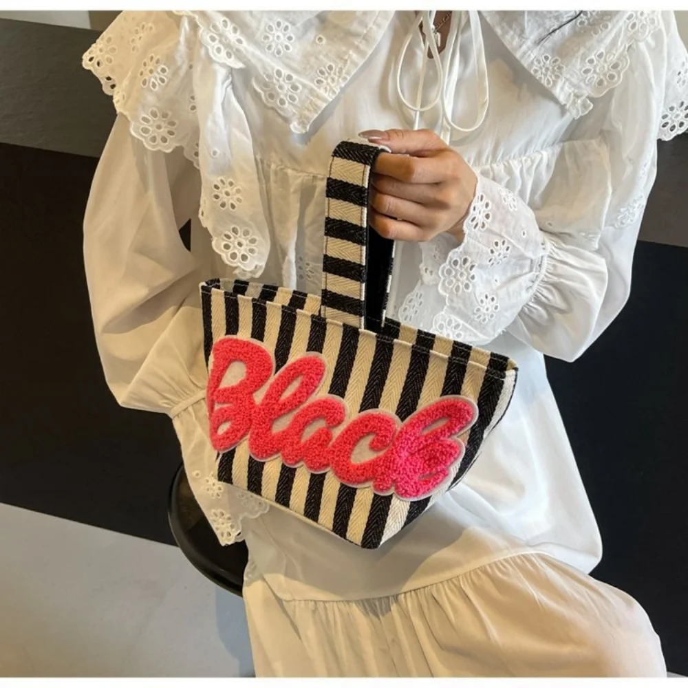 Summer Small Canvas Handbag Commuter Phone Bag Striped Buet Bag Faionable Versatile Handheld Bag for Young Women Girls