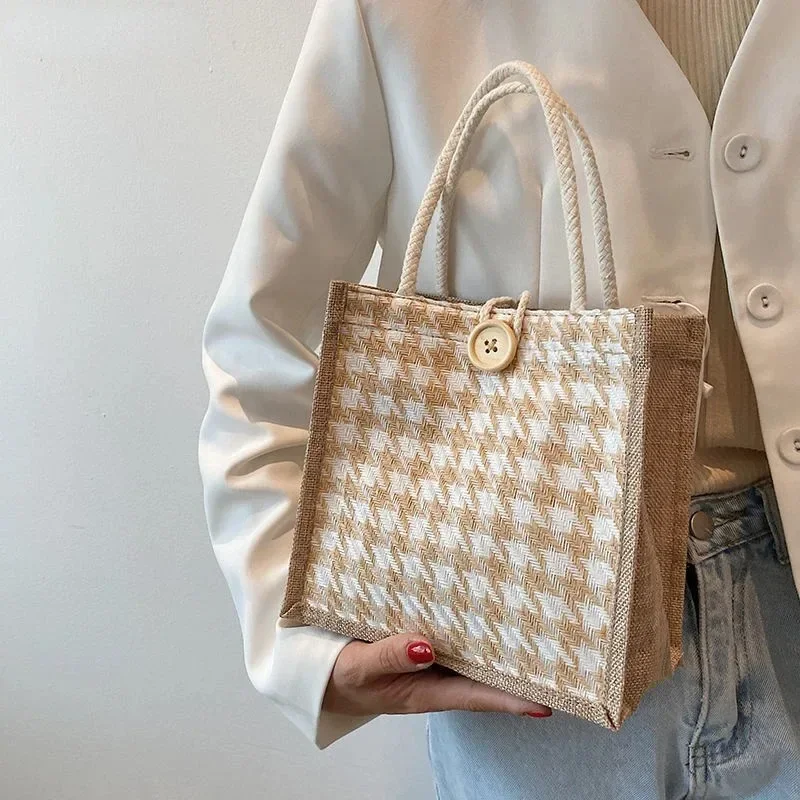 Women's  Mini Tote Bag - Small Linen Lunch Bag, Portable Phone Purse & Casual Handbag for Ladies Shopping