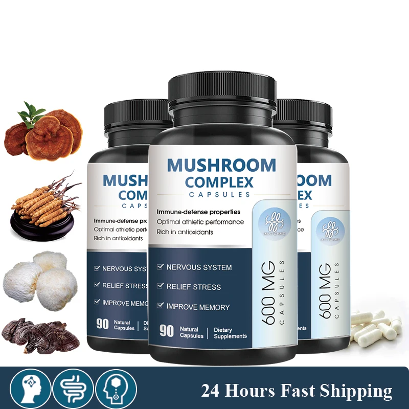 

Mushroom Supplement Capsule - Lions Mane Shiitake Cordyceps - Benefit Brain & Memory Immune Gain Energy Support Mood and Stress