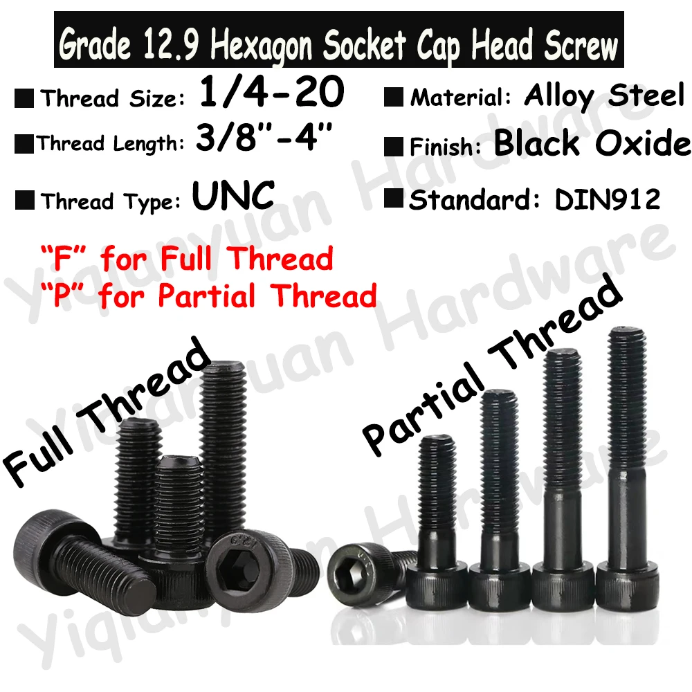 

2Pcs-10Pcs Grade 12.9 UNC 1/4-20 DIN912 Alloy Steel Hexagon Socket Knurled Cap Head Bolts Allen Screws Black Length 3/8'' to 4''