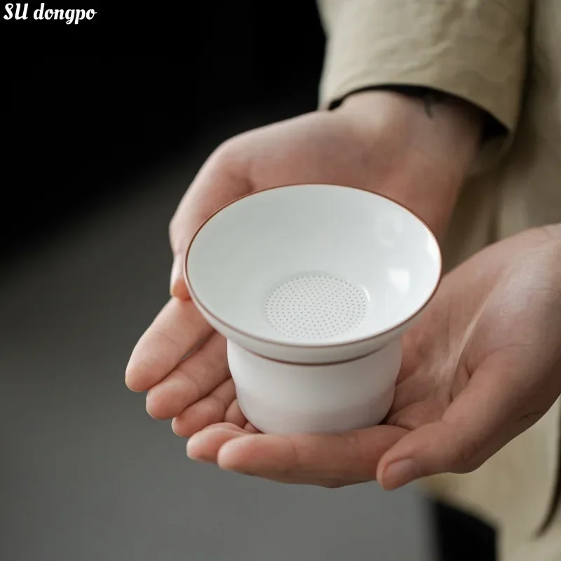 Matte Finish Fat White Integrated Tea Filter Ceramic Tea Strainer Fine Carved Ceramic Hole Filter Screen Ceremony Accessory