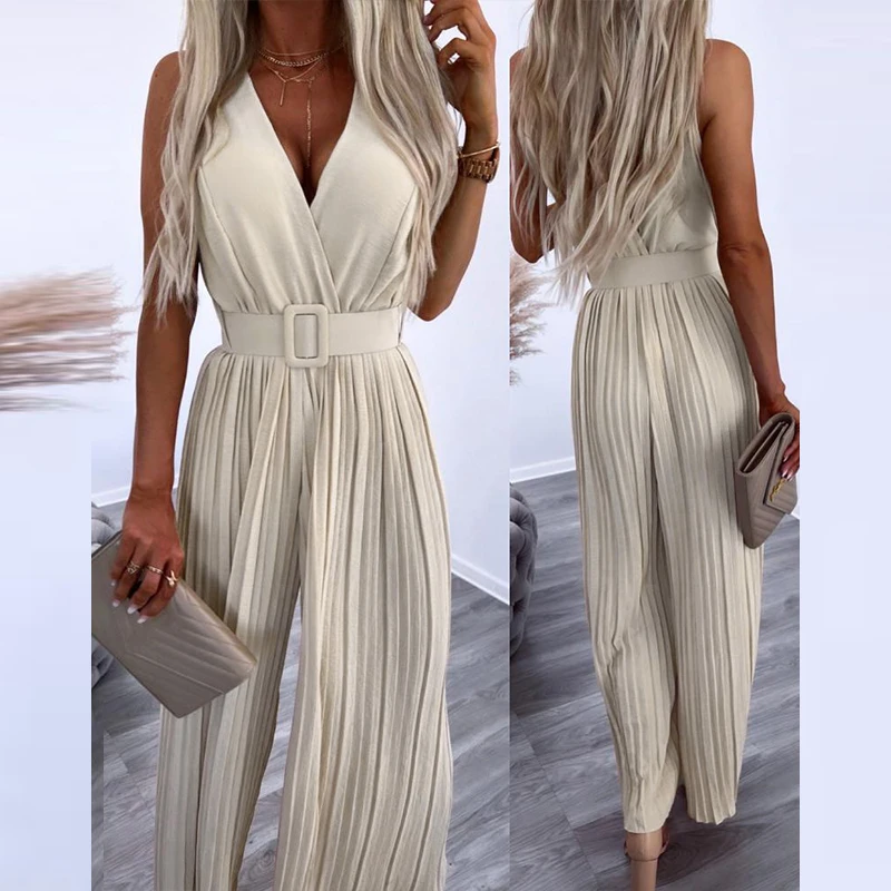 

Spring Deep V Neck High Waist Jumpsuit Women Solid Wide Leg Pleated Pants Office Romper Summer Sleeveless Tank Straight Overalls